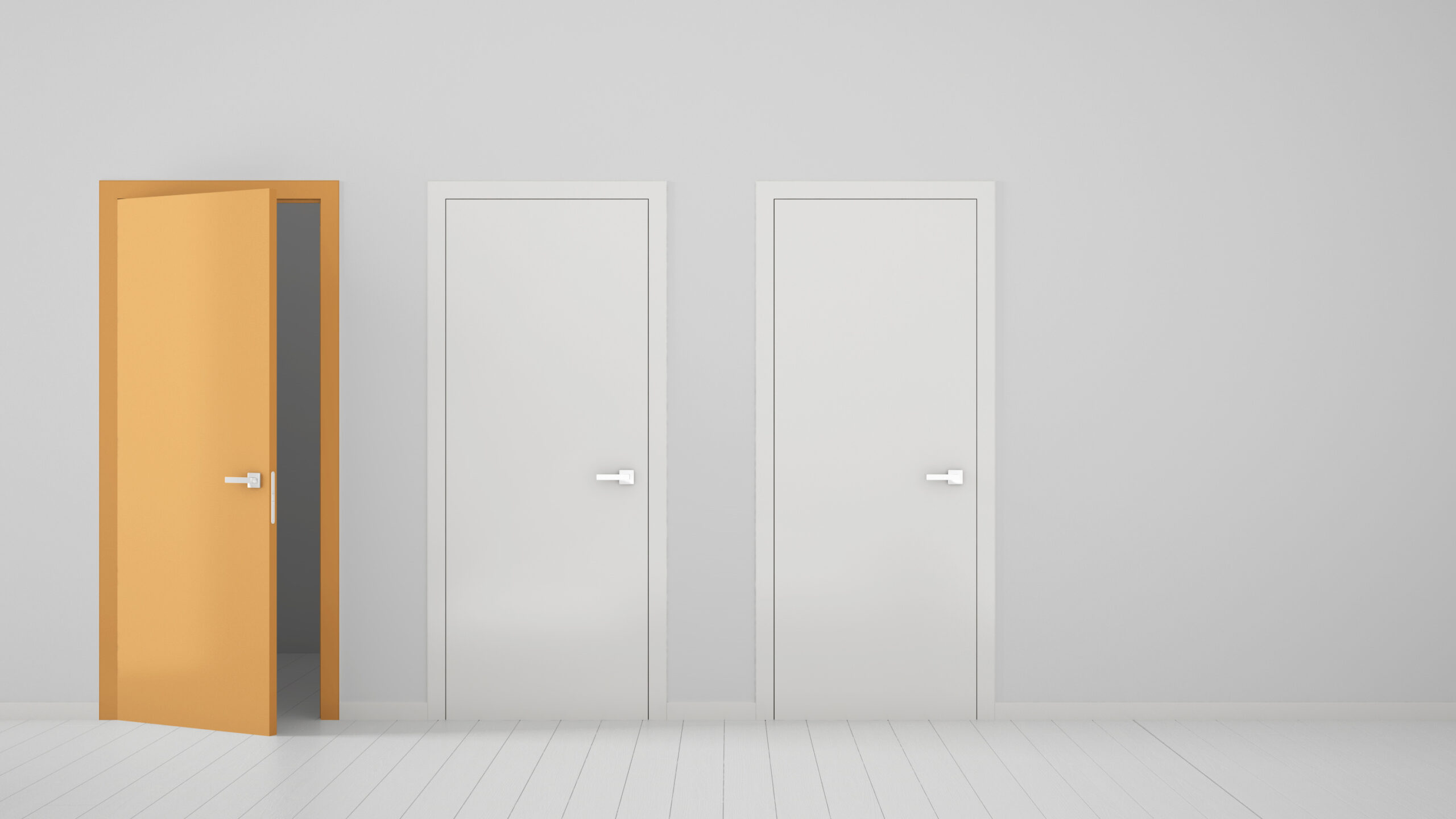 Empty room interior design with two white closed doors and one open orange door with frame, wooden white floor. Choice, decision, selection, option concept idea with copy space